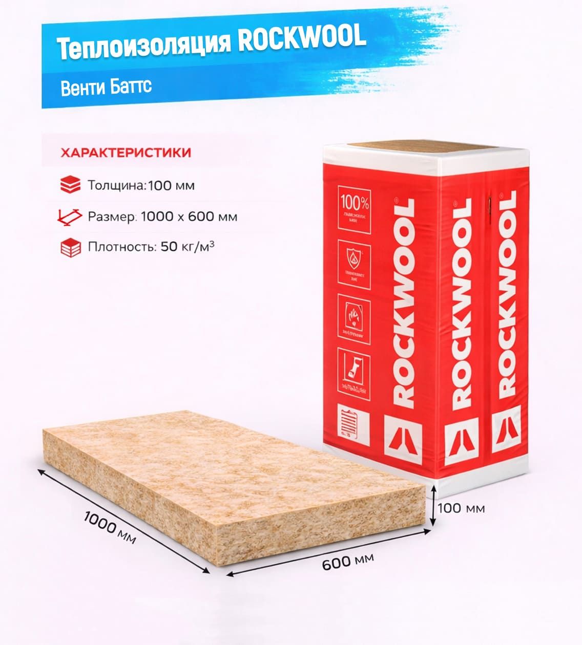 Утеплитель Rockwool Венти Баттс базальтовая плита 1000х600х100мм